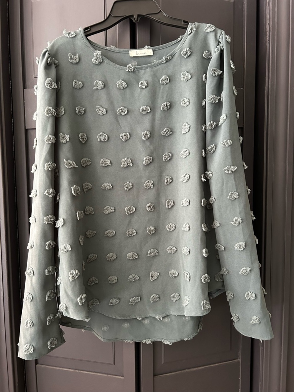 Grayish Blue Swiss Dot Long-Sleeve puff-sleeve Blouse